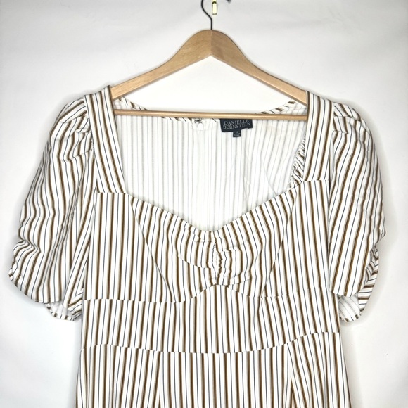 DANIELLE BERNSTEIN Puff Sleeve Cream and Brown Striped Midi Dress w/ Slit Sz 12 - Picture 3 of 8
